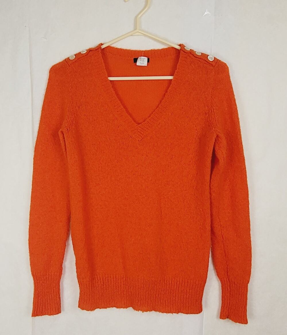 J.Crew orange wool mohair fuzzy vneck sweater Size XS Preppy Luxe Cozycore
